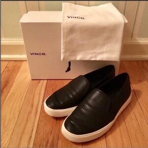 Vince Black Perforated Leather Slip-On Sneakers with White Platform
